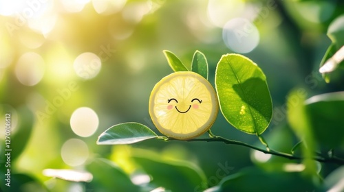 Smiling Lemon Slice on a Branch in Sunlight photo