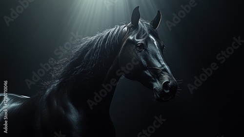 Majestic black horse, dramatic light, dark studio photo