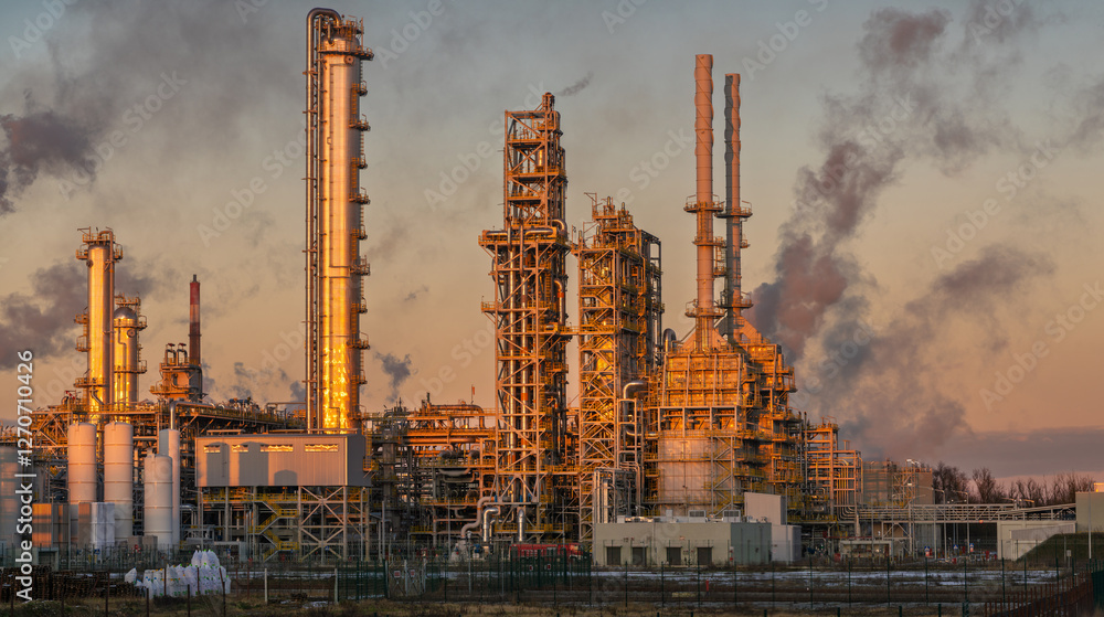 Chemical plant in the light of the setting sun