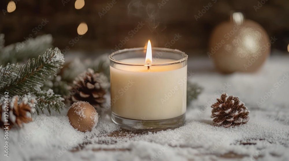 Lit candle with pine cones, snow, and ornaments on wooden surface. Lit candle with pine cones, snow, and ornaments on wooden surface.