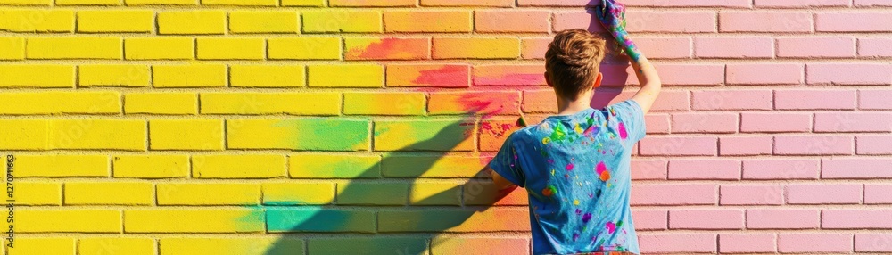 Obraz premium Young Girl Joyfully Painting a Brightly Colored Wall in a Creative Artistic Expression of Imagination and Playfulness with Vibrant Paints and Brushes