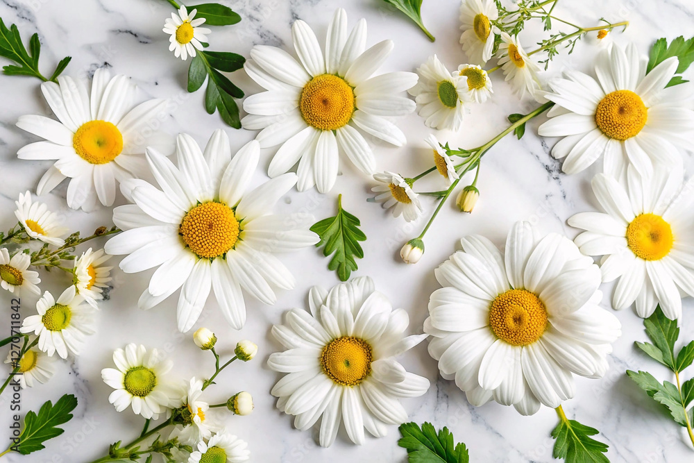 Obraz premium White Daisies and other flowers on marble, flat lay