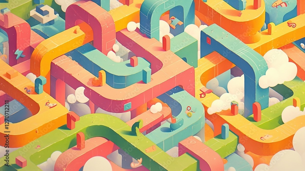 Fototapeta premium Colorful 3D maze design, cloud background, isometric view, game asset