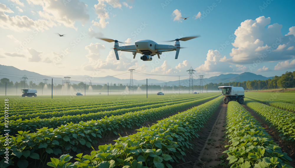 A smart agriculture farm with autonomous drones analyzing crops, AI-driven irrigation systems, and robotic harvesters in a futuristic landscape. A smart agriculture farm with autonomous drones analyzing crops, AI-driven irrigation systems, and robotic harvesters in a futuristic landscape.