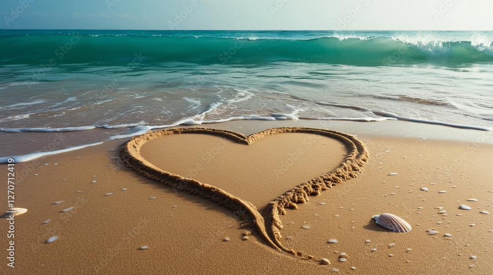 Obraz premium Romantic heart symbol etched into the sand on a sunny beach with calm waves and clear skies overhead Stock Image Wallpaper