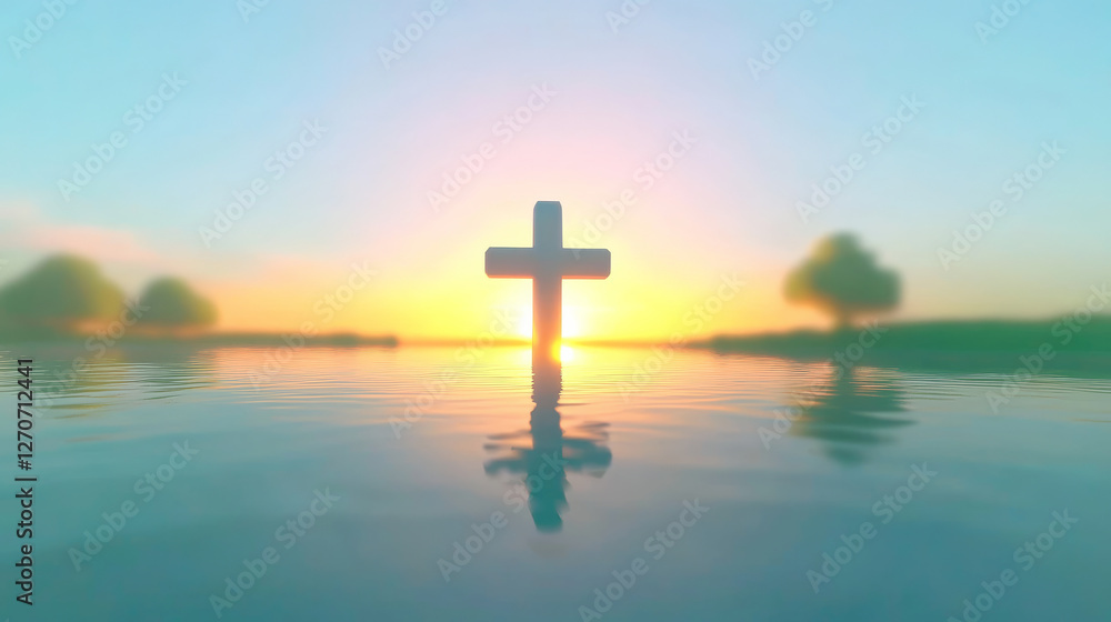 serene lakeside view featuring cross reflected in calm water at sunrise serene lakeside view featuring cross reflected in calm water at sunrise