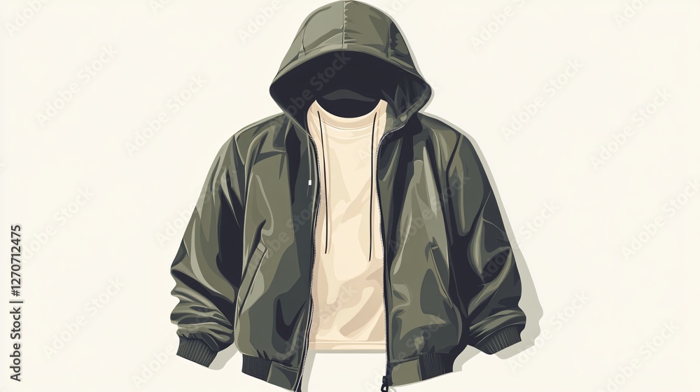 Fashionable Man Wearing Olive Green Hooded Jacket and Cream T-Shirt