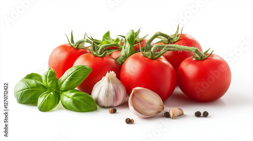 Isolated on a white background, a tomato with leaves and basil sprigs, a big garlic clove, a paprika slice