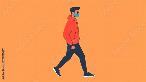 Man in Stylish Clothing Walking While Wearing a Face Mask Vector Illustration