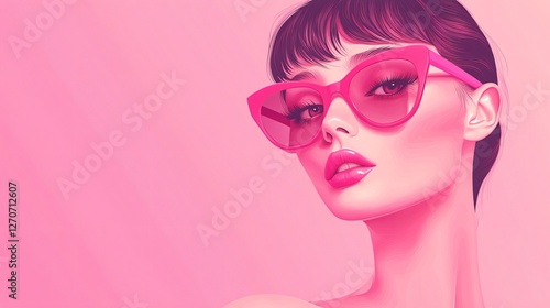 Obraz na płótnie Pink Background Cat Eye Sunglasses Retro Woman Smiling w salonie