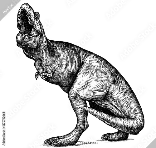 Vintage engraving isolated Tyranosaurus rex set illustration t-rex ink sketch. Dinosaur background Rex silhouette Jurassic art. Black and white hand drawn vector image