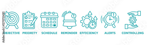 Time Management icon set illustration concept with icon of objective, priority, schedule, reminder, efficiency, alert, controlling 
