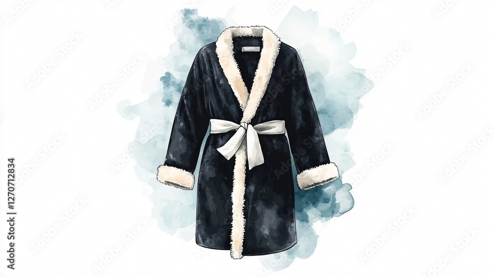 Watercolor Illustration of a Black Bathrobe with Accessories
