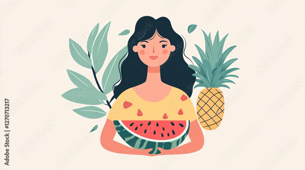 Modern Female Model Eating Pineapple and Watermelon
