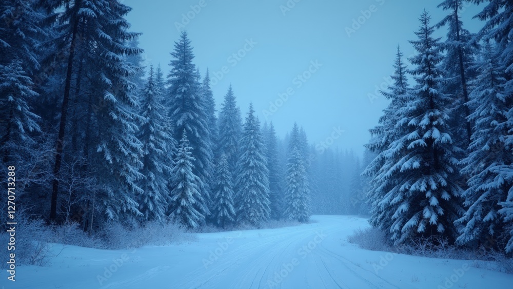Snowy Forest Path With Fog Enveloping Tall Pine Trees, Creating a Tranquil Winter Atmosphere. This Scene Features Significant Copy Space for Text Snowy Forest Path With Fog Enveloping Tall Pine Trees, Creating a Tranquil Winter Atmosphere. This Scene Features Significant Copy Space for Text
