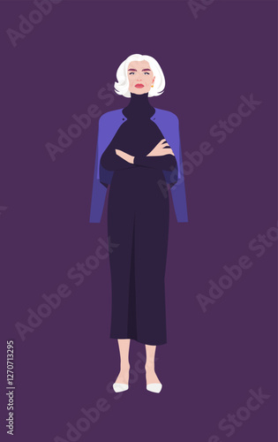 Portrait of a beautiful elderly woman stands full-length with arms crossed. Grandmother. Vector flat illustration