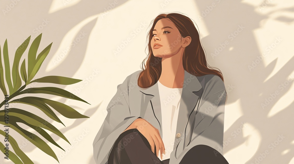 Relaxed Young Brunette Woman in Gray Blazer Outdoors