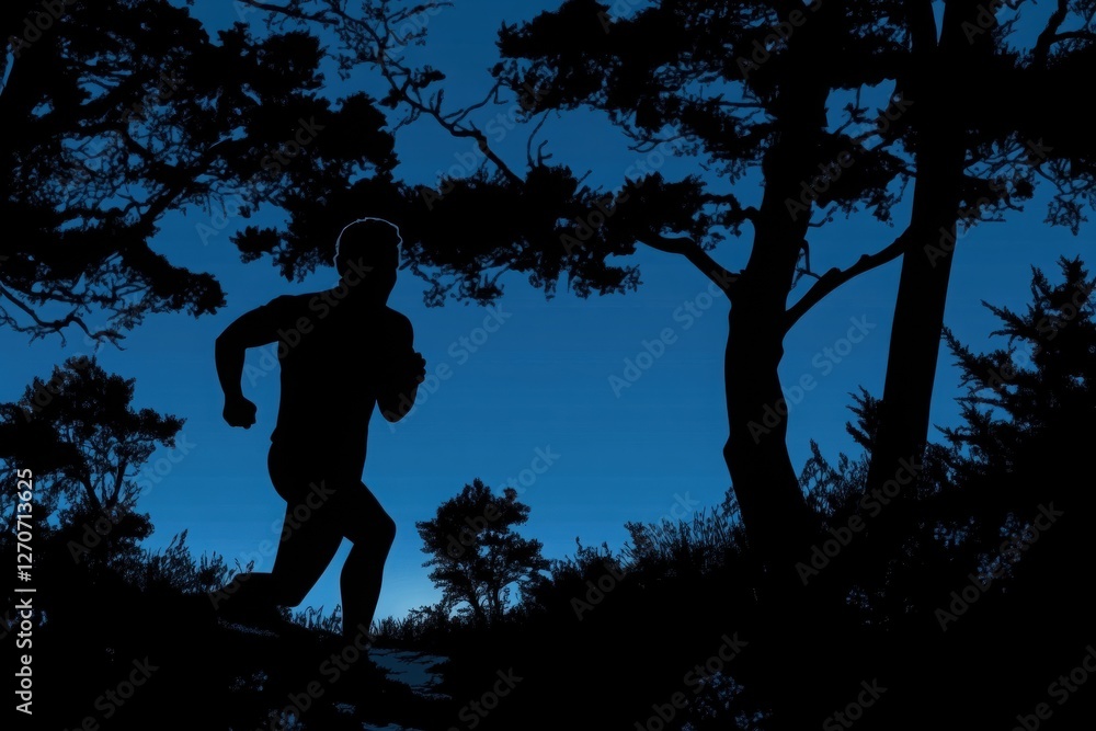 A silhouette of a runner navigating through a dark, wooded area under a twilight sky, capturing the essence of outdoor adventure and exercise. A silhouette of a runner navigating through a dark, wooded area under a twilight sky, capturing the essence of outdoor adventure and exercise.