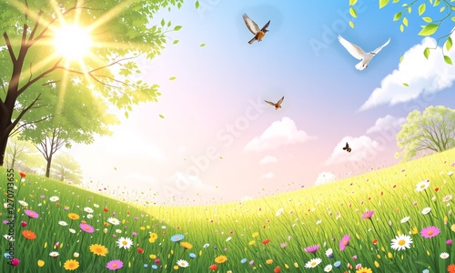 Illustrate a cheerful spring morning with a bright clear sky filled with soft pastel colors of dawn