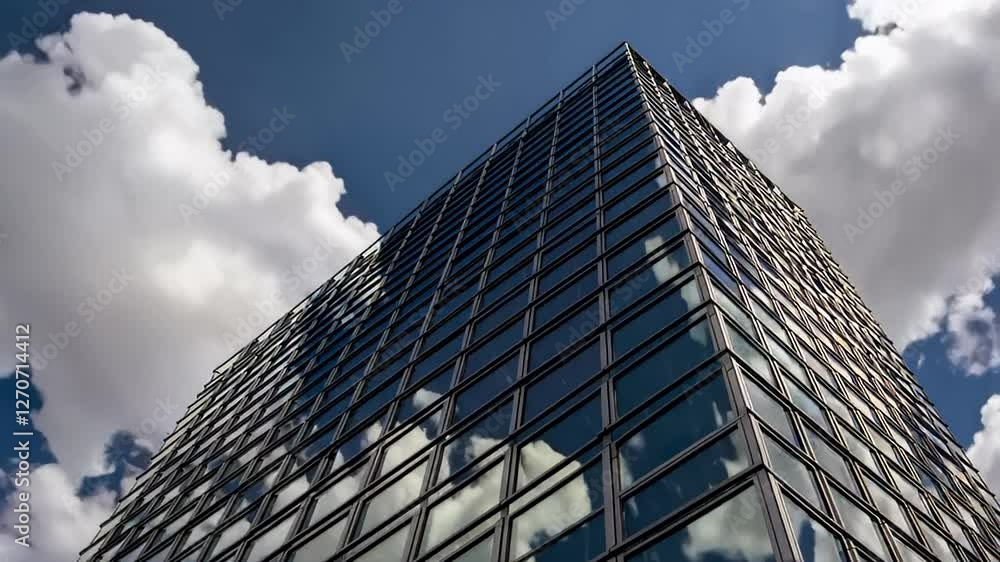 Modern glass skyscraper reflecting clouds and blue sky, urban architecture, business success, future growth Modern glass skyscraper reflecting clouds and blue sky, urban architecture, business success, future growth