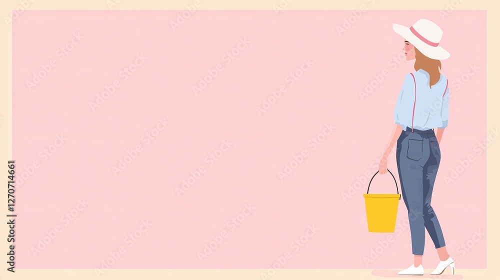 Stylish Woman with Yellow Bucket for Modern Home Interior