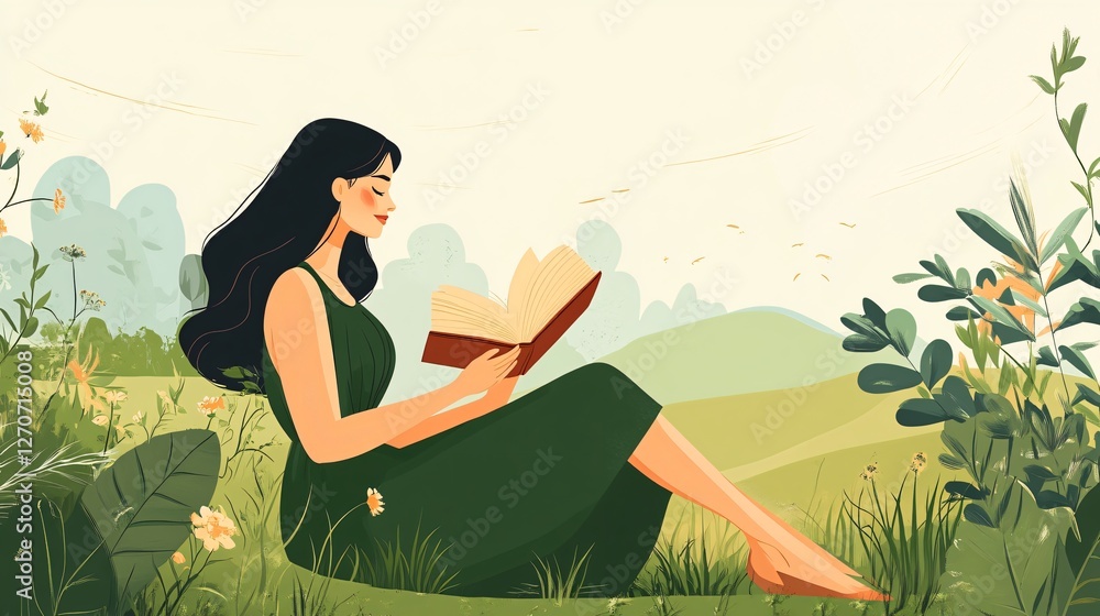 Portrait of Stylish Woman Reading Book Outdoors