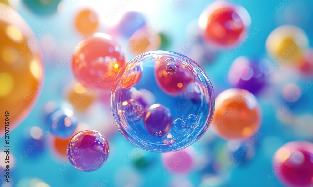 Colorful soap bubbles floating in a vibrant blue background, bright light reflections creating a joyful and playful atmosphere in an abstract setting Colorful soap bubbles floating in a vibrant blue background, bright light reflections creating a joyful and playful atmosphere in an abstract setting