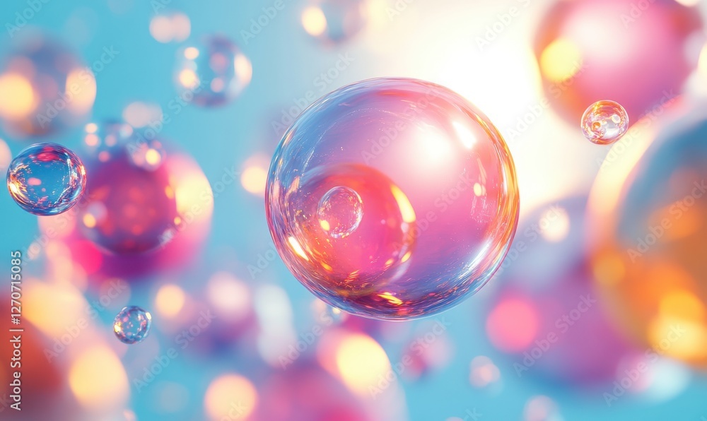 Colorful Soap Bubbles Floating in the Air Against a Soft Blue Background with Bright Light Reflections and Gradients Creating a Dreamy Atmosphere Colorful Soap Bubbles Floating in the Air Against a Soft Blue Background with Bright Light Reflections and Gradients Creating a Dreamy Atmosphere
