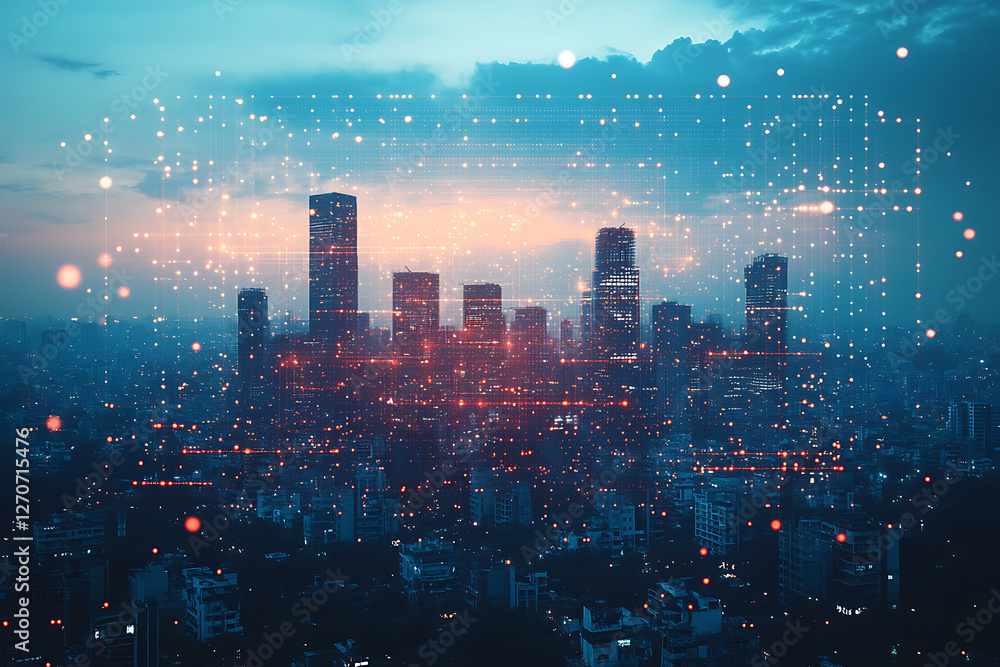 Obraz premium New Delhi city in the future. skyline of skyscrapers and the digital data stream connecting buildings