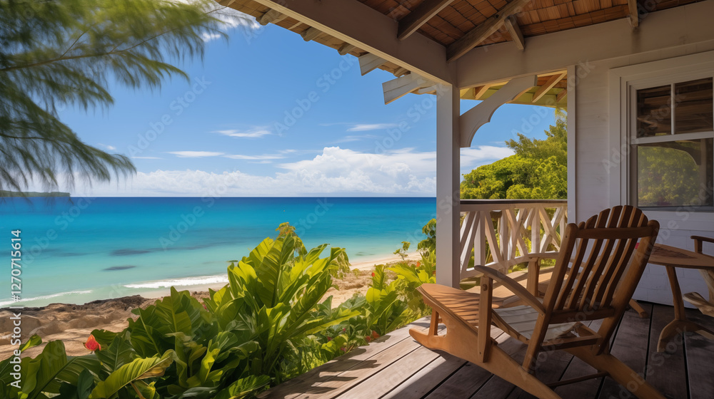 Fototapeta premium View from porch with a chair overlooking turquoise ocean, tropical forest, bright daylight, serene atmosphere.