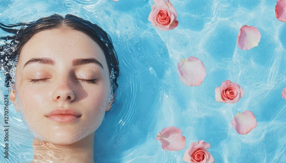 Serene woman with closed eyes floating in crystal-clear water, soft pink rose petals drifting around her, peaceful spa and self-care concept Serene woman with closed eyes floating in crystal-clear water, soft pink rose petals drifting around her, peaceful spa and self-care concept