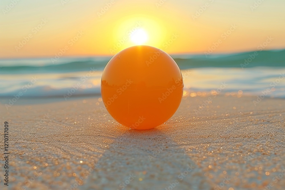 Vibrant fishing buoy resting peacefully on a sandy beach with gentle waves and blue sky above Vibrant fishing buoy resting peacefully on a sandy beach with gentle waves and blue sky above