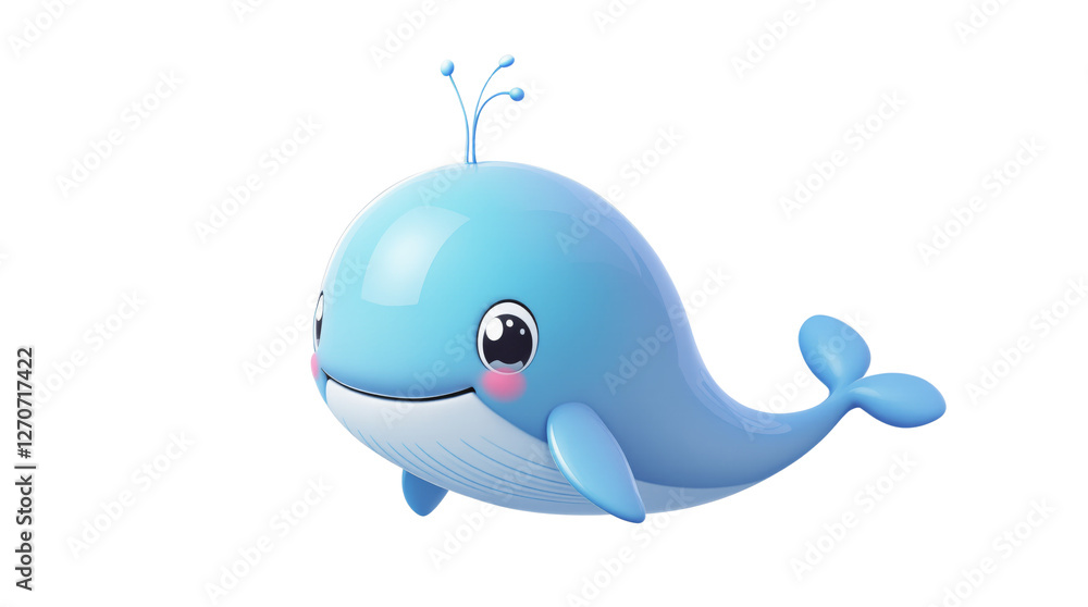 Obraz premium Cute blue cartoon whale with big eyes and a smiling face, isolated on a white background. Concept of marine life, ocean creatures, and adorable mascots. Ai generative