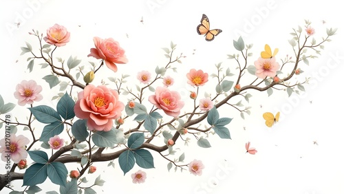 Butterflies and Blossoms on White Background