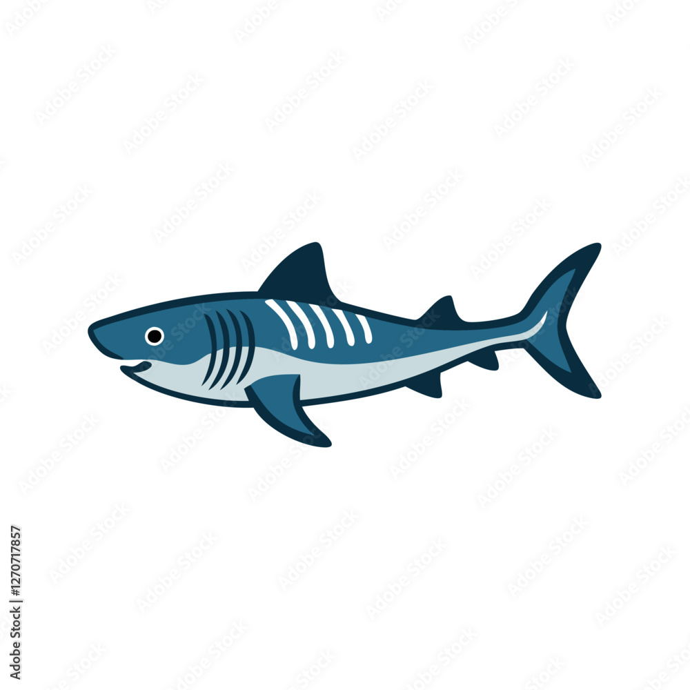Naklejka premium Illustration of a Cute Cartoon Shark with White Stripes Swimming in the Ocean