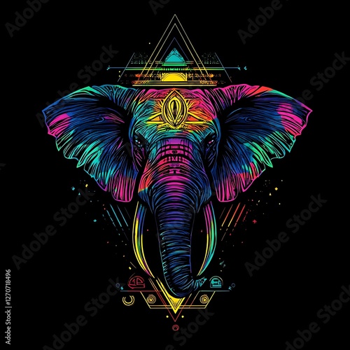 Psychedelic elephant graphic design, geometric art photo