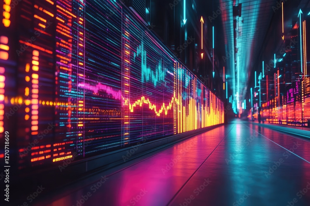 A dynamic chart bursts through a screen, showcasing financial growth with arrows and colorful lighting in a tech space A dynamic chart bursts through a screen, showcasing financial growth with arrows and colorful lighting in a tech space