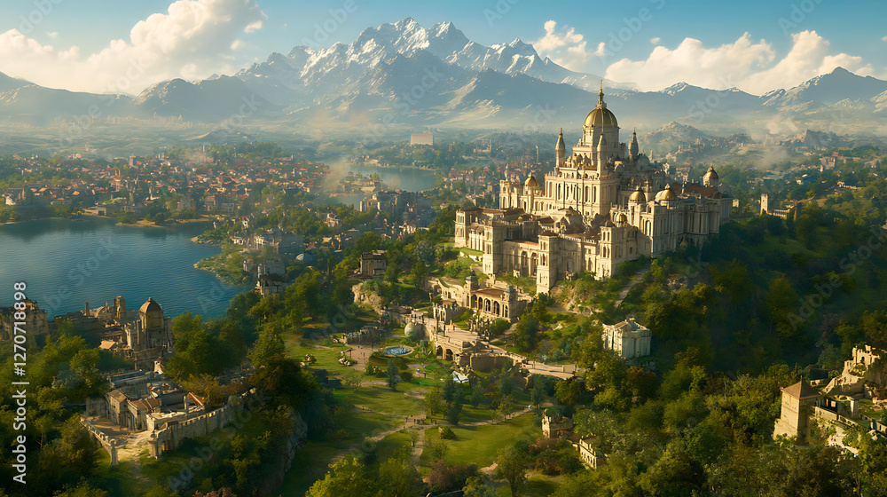Fototapeta premium Grand Citadel Overlooking Cityscape Lake and Distant Peaks Serene Scenery Majestic Architecture