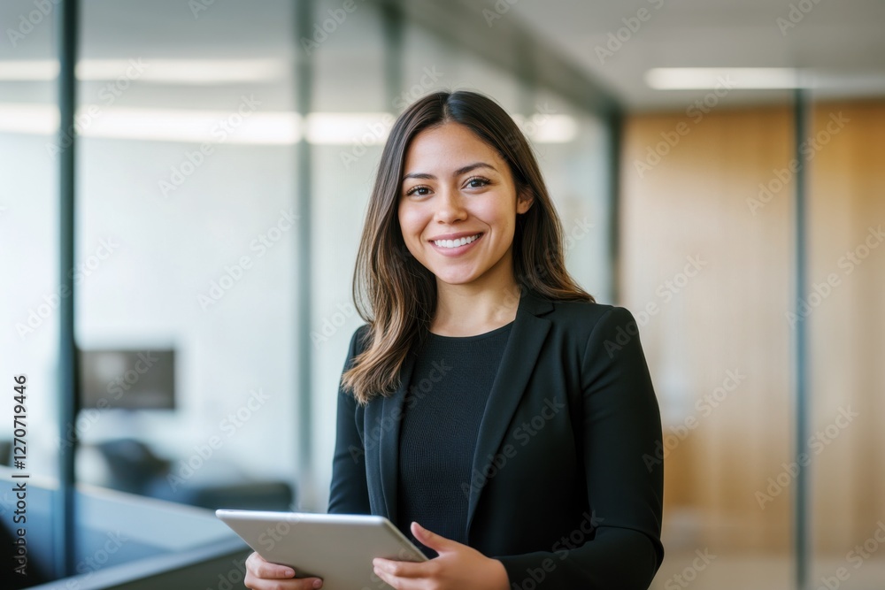Confident young Hispanic businesswoman in black suit holding tablet in modern office. Professional female executive, corporate leader, or entrepreneur smiling at workplace