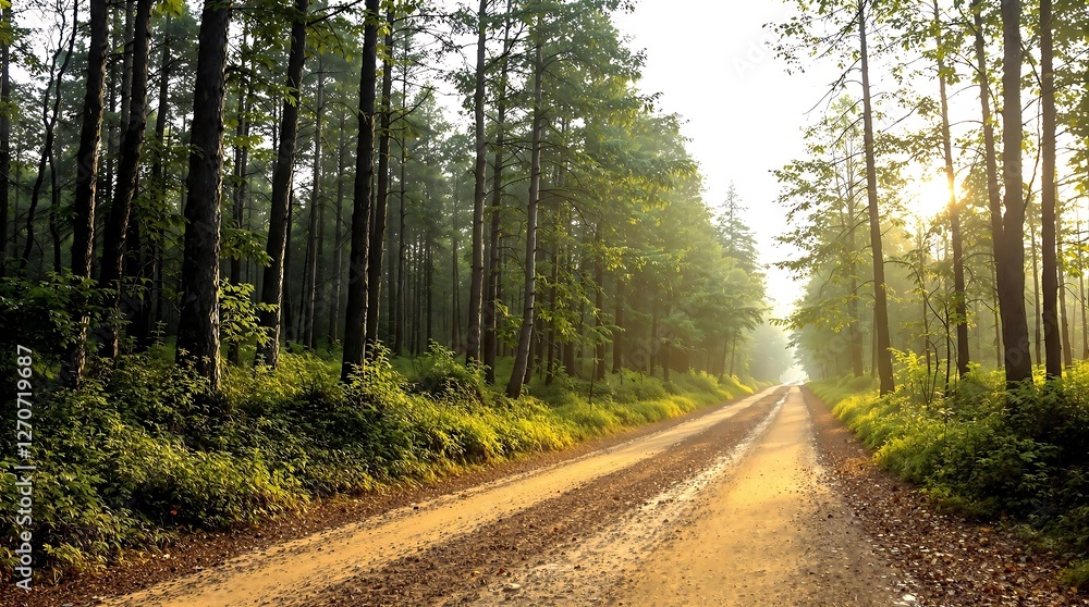 Obraz premium Rustic Forest Pathway Illuminated by Morning Sunlight Through Tall Trees, generator AI