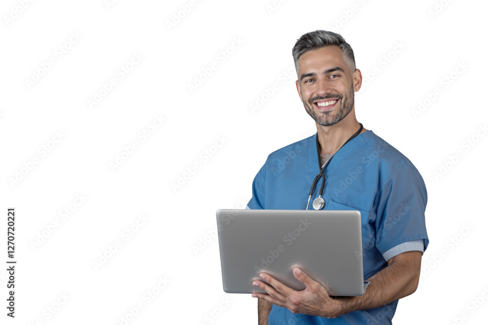 Male doctor in blue scrubs with stethoscope holding a laptop and smiling, isolated on a white background. Concept of healthcare and medical technology. Ai generative Male doctor in blue scrubs with stethoscope holding a laptop and smiling, isolated on a white background. Concept of healthcare and medical technology. Ai generative