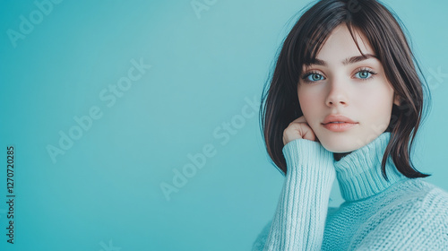 Portrait of a fair-skinned girl with blue eyes, styled with a warm sweater, against a solid color backdrop. Focused, calm, and collected. photo