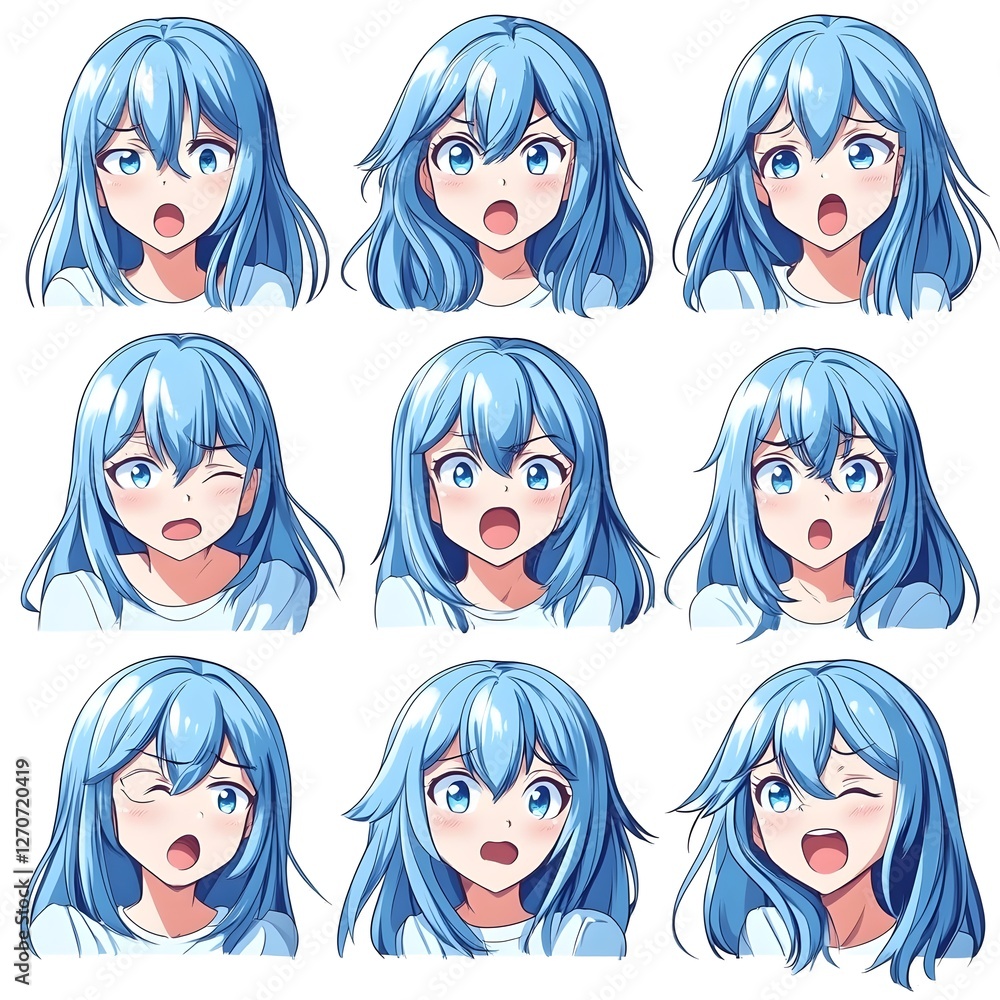 Blue Hair Anime Girl – Expressive Emote Set in Kawaii Style Blue Hair Anime Girl – Expressive Emote Set in Kawaii Style