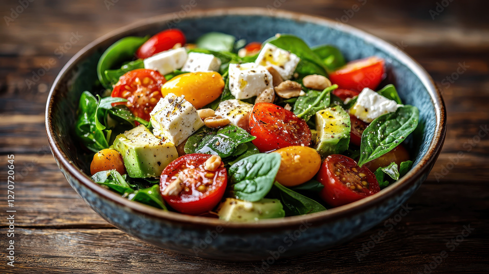 Vibrant bowl of fresh salad featuring cherry tomatoes, avocado, spinach, nuts, and feta cheese on wooden table with natural lighting Vibrant bowl of fresh salad featuring cherry tomatoes, avocado, spinach, nuts, and feta cheese on wooden table with natural lighting