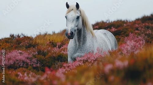 Majestic White Horse in Colorful Heather Field photo