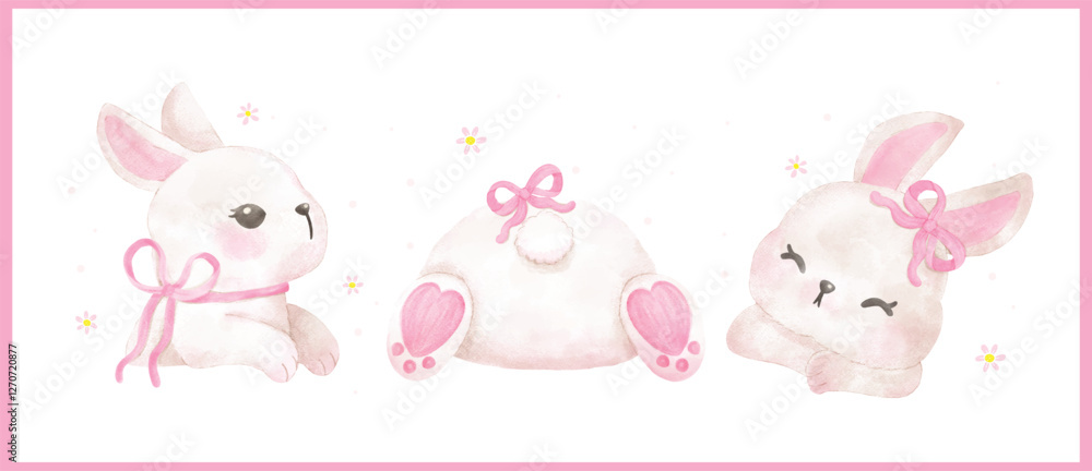 Whimsical Coquette White Bunny with Pink Ribbon Bow watercolor animal Hand Drawn set Whimsical Coquette White Bunny with Pink Ribbon Bow watercolor animal Hand Drawn set