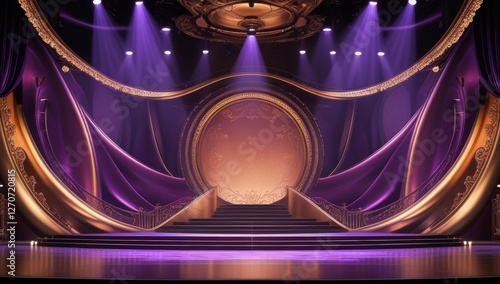 Purple golden ceremony award stage venue background.