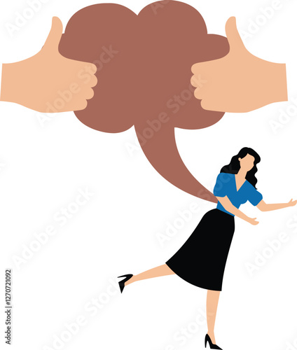 Big hands take speech bubbles and stab them inside the grieving businesswoman's body, gossip, rumors or fake news, hate speech, verbal bullying or name-calling