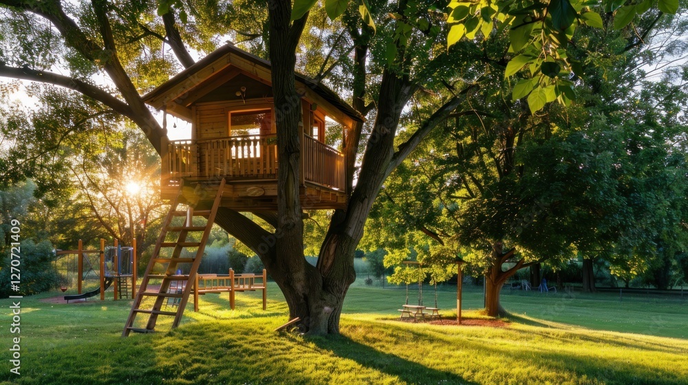 Golden Hour Treehouse: A whimsical haven nestled amongst lush trees, bathed in the warm glow of the setting sun, promising adventures and childhood dreams. Golden Hour Treehouse: A whimsical haven nestled amongst lush trees, bathed in the warm glow of the setting sun, promising adventures and childhood dreams.
