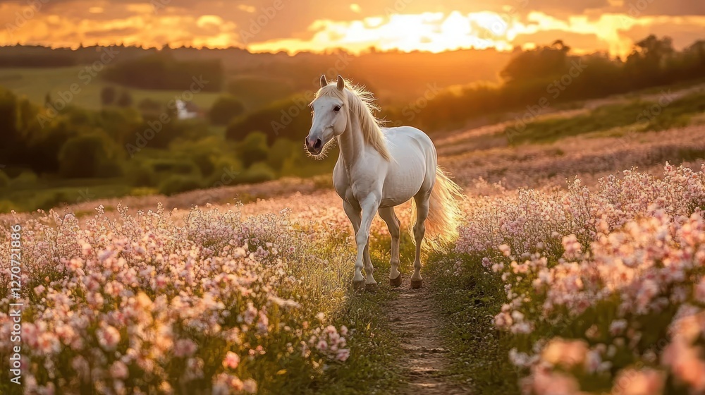 Majestic White Horse Sunset Meadow Majestic White Horse Sunset Meadow